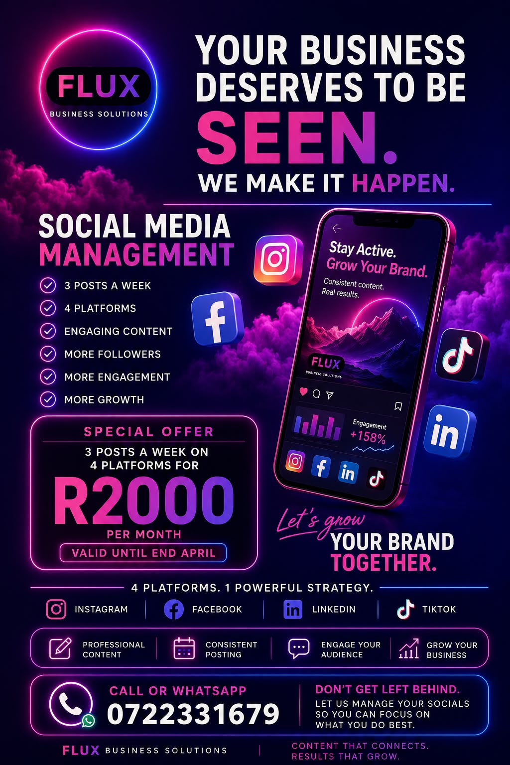 FLUX Business Solutions neon campaign artwork showing social media management on a smartphone
